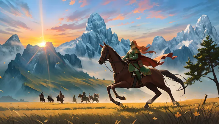 fantasy, (highly detailed), beautiful, absurd res, high resolution, 4k wallpaper, wallpaper, stunning, award winning, perfect, (sunrise, sun rays), mountains, trees, forests, sky, clouds, peaceful, ((military, army, medieval)), (thousands of soldiers, battlefield), war, soldiers, horses, knights, footmen, archers, paladins, action, helmet, armor, face, perfect anatomy,