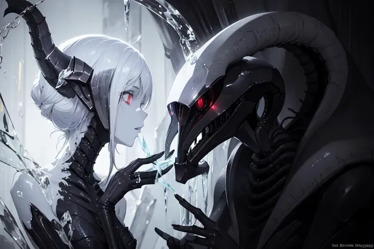 gorgeous dark elf girl casting magic spell, black skin, perfect hands, extremely detailed face, red glowing eyes, ice rose`s bud, lonely, desire, misery, small hairtail on side, by hr giger, xenomorph, alien, quake, necronomicon,