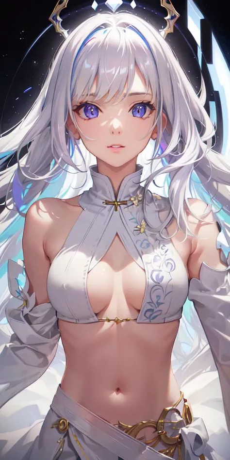 young girl, white colored hair, Cat's ears, high ponytail, Heterochromia, blue and purple eyes, Blue kimono, tattoo, Sleeveless, Deep neckline on the chest, open breasts, open shoulders, Masterpiece, hiquality, high detail, HD, 4k