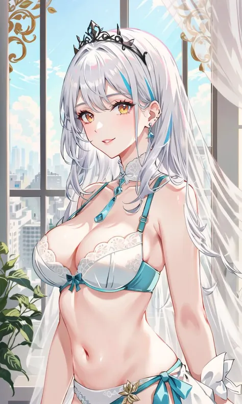 masterpiece,CG,wallpaper,high quality,extremely detailed,(city outside the window:1.5)(from side:0.9)1girl,highres,(midriff:1.4)(navel :0.9), highest quallity, illustration, cinematic light, ultra detailed, detailed face, (detailed eyes), best quality, hyper detailed, masterpiece, (detailed face), highest details, luminous eyes, medium breats, black halo, white clothes, backlighting,  light rays, (high contrast), (colorful),(red eyeshadow:1.2), (pink lips:1.1),funeral dress,(ornate hair ornament),large breasts, seductive smile,white hair,streaked hair,colored inner hair,(ornate bra),(ear piercing:1.05), tiara,(areola slip:1.2),ponytail,(veil:0.9),