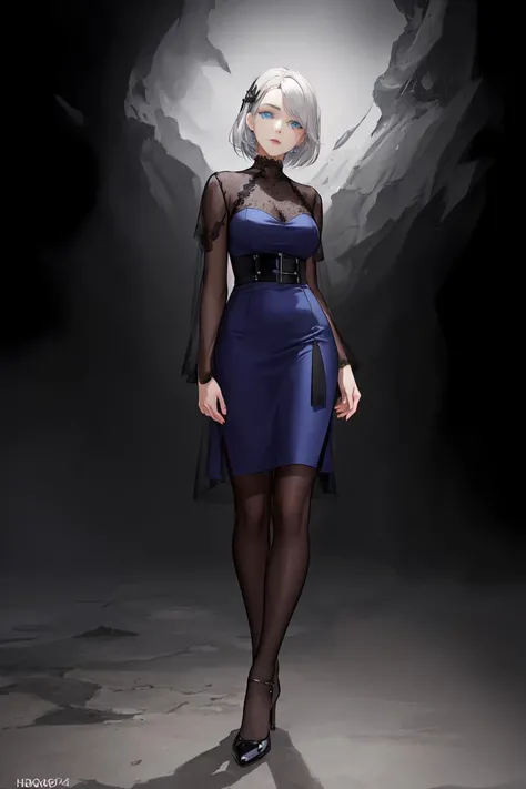8k,high quality, high resolution, 4k, hd,(well designed face), amazing face, (super detailed) ,(photorealistic) ,finely detailed beautiful eyes) ,high quality, super detail ,realistic, blue eyes, shiny hair, lustrous skin, solo, sliver hair, short hair, Gothic Contrast Lace Round Neck Dress, high heel, black pantyhose, (gray background), (simple background), closed mouth, look at views, (white background), <lora:fashionGirl:0.3>