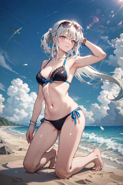 ​masterpiece, top-quality, Detailed details, Detailed landscapes, beatiful lights, Beautiful Shadows,one girls,ar old,model poses,huge smile,detailed skin textures,flipflops,long,Bunching hair,Silver hair ornament、silber hair,piercings、Silver necklace、Red bright eyes、Oversized T-shirt,Fluffy swimsuit,Flip-fluffy miniskirt,sea side、beach chair,sitting on、beach parasol、L size drinks、blue-sky、llight rays、High contrast,((Oblique view from below))