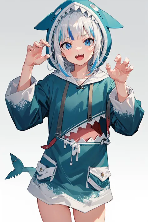 masterpiece, best quality, ultra-detailed, absurdres, colorful, gawr gura, detailed eyes, wide-eyed, eyelashes, looking at viewer, cowboy shot, (blue background:0.9), (standing:0.7), <lora:gura:0.9>, blue hoodie, shark tail, sharp teeth, claw pose, hood up, (:D:1.0), pockets, hands up