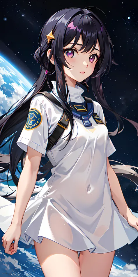 In a vast universe setting, a beautiful girl captivates with her unique appearance. Her long bangs frame her face, complementing her black hair adorned with vibrant pink highlights. Her eyes, a striking yellow hue, radiate a sense of curiosity and wonder. She is dressed in astronaut clothes, a symbol of her adventurous spirit. Surrounded by sparkling stars and celestial wonders, the scene captures her in awe of the cosmic beauty that surrounds her. The camera freezes this moment, emphasizing her beauty and the infinite possibilities that lie beyond the Earth's atmosphere.
