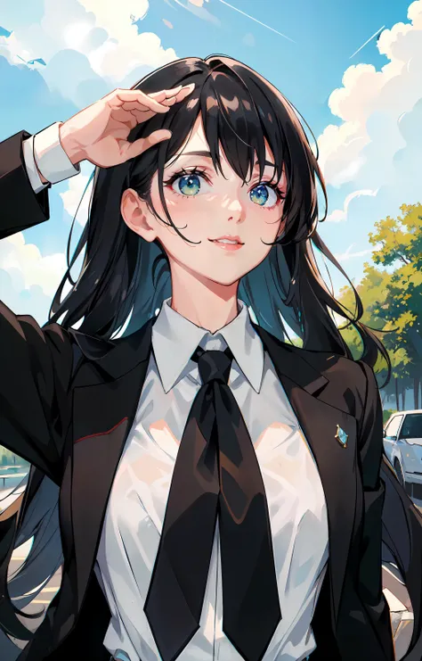 masterpiece, high detailed, best quality, 1girl, black hair, green eyes, (suit and tie, white shirt, black tie), standing, looking sky, after rain, bright smile, beautiful lighting, sun, detailed background, blue sky, cloud