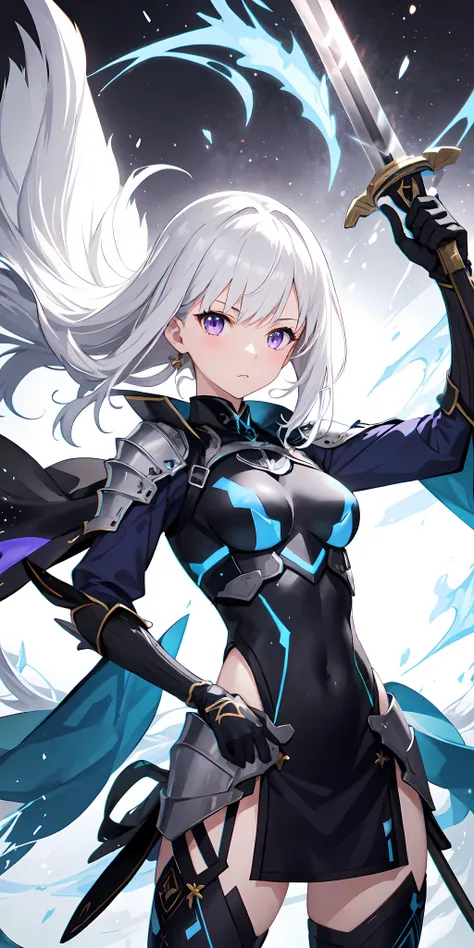 1girl, japanese armor, white hair, purple eyes, ((holding sword)), blue flames, glowing weapon, light particles, wallpaper, fate \(series\),