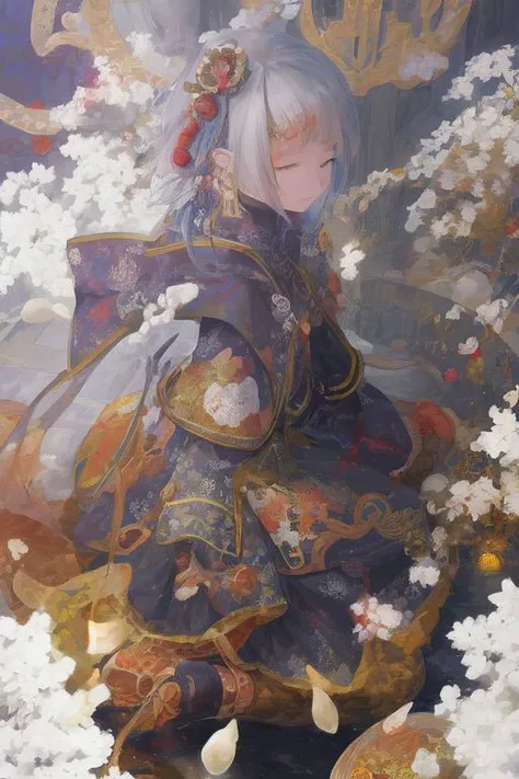 japanese nihonga painting about 1girl, kneeling, eye contact, Nihonga, ancient japanese painting, intricate, detailed, (anime art:0.1)