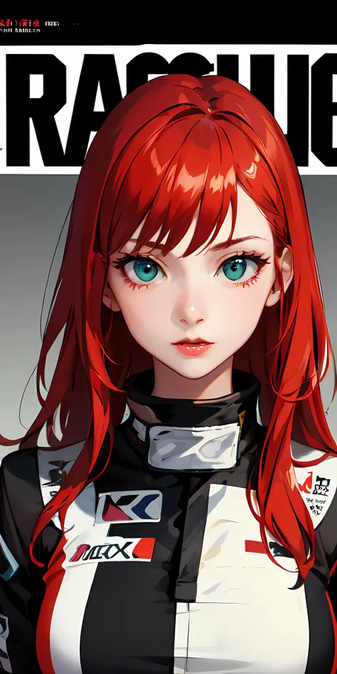 1girl, race driver, red hair, (green highlights), up(masterpiece, absurdres:1.4), (race track), extreme detailed beautiful eyes, high detailed face, high detailed background, car, sidelightning, lipstick, outdoor, race uniform, (magazine cover), wallpaper