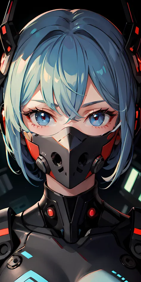 scifi, 1girl , robot, future city background, extreme beautiful detailed eyes, vibrant colors, technology, (mask), short hair, blue hair, red eyes, grey armor