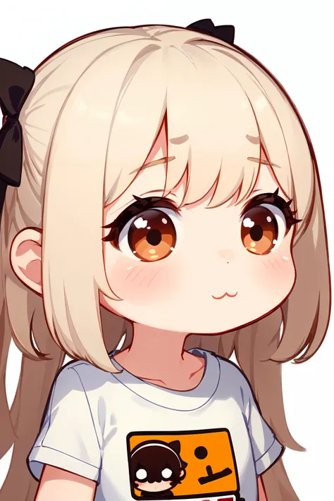 absurdres, 1girl, brown eyes, twintails, long hair, white hair, wide-eyed, eyelashes, looking at viewer, <lora:EmoteMakerLora:0.85> twitchemote, upper body, white background, t-shirt, chibi, emote, facing viewer, (:3:1.0), blush