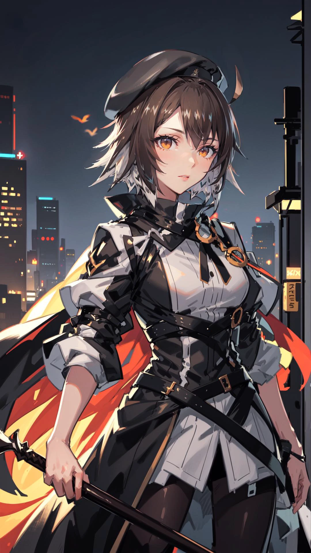 sehele style, <lora:sehele:0.4>, best quality, (masterpiece:1.2), detailed, (holding a black spear), (plume_arknights:1.10), short brown hair, beret hat, gray clothes, orange eyes, (bird ears), black cloak, (((cowboy shot))), (((dynamic pose))), (masterpiece, best quality, ultra detailed, beautiful illustration), atmospheric perspective, depth of field, beautiful detailed eyes, dynamic pose, dynamic angle, 1girl, ((outdoors, modern city background)), 8k, 16k, trending on pixiv, fanbox, skeb, masterpiece, detailed face, digital painting, (best quality, ultra detailed), (detailed background:1.2), (perfect face, detailed face), (mature female:1.4), <lora:plume_arknights:1>