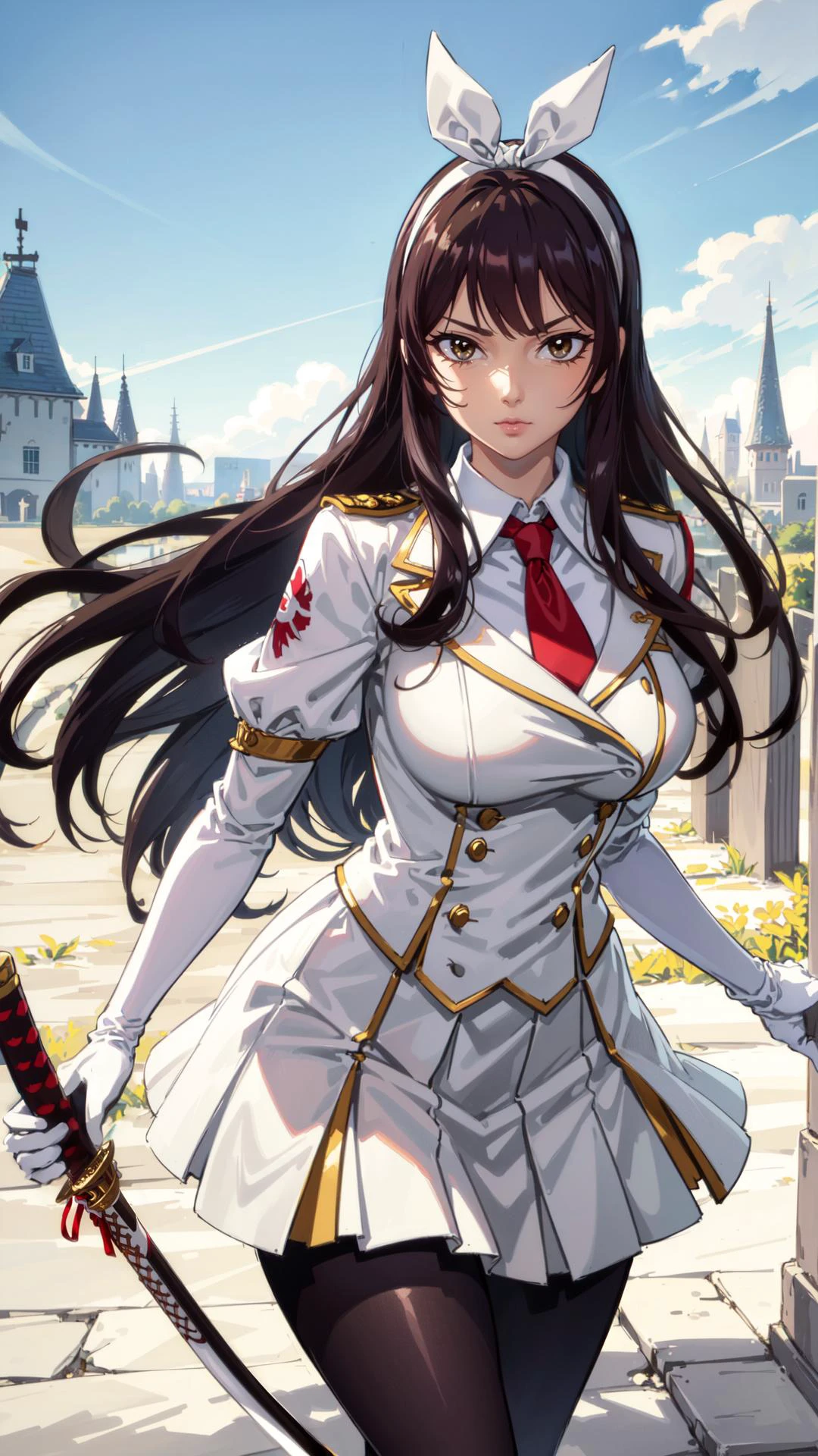 sehele style, <lora:sehele:0.4>, best quality, (masterpiece:1.2), detailed, 1girl, 1woman, (((holding sheathed katana sword))), (((determined expression))), kagura mikazuchi, long hair, purple hair, hime cut, (((white hairband))), (brown eyes:1.5), skirt, gloves, pantyhose, necktie, white gloves, uniform, black pantyhose, (((cowboy shot))), (((dynamic pose))), (masterpiece, best quality, ultra detailed, beautiful illustration), atmospheric perspective, depth of field, beautiful detailed eyes, dynamic pose, dynamic angle, 1girl, ((outdoors, medieval fantasy background)), 8k, 16k, trending on pixiv, fanbox, skeb, masterpiece, detailed face, digital painting, (best quality, ultra detailed), (detailed background:1.2), (perfect face, detailed face), (mature female:1.4), <lora:kagura mikazuchi-lora-nochekaiser:0.7>