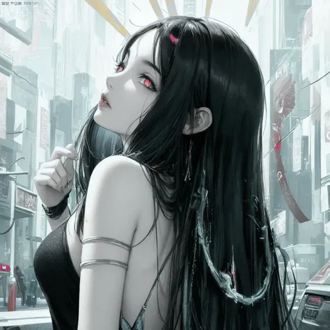 An anime girl with black hair and tattoos is looking at the city., artwork in the style of Gwaiz, Cyberpunk Anime Girl, Gwaiz, Anime Style 4 k, Anime Girl Profile, Enchanting anime girl, Detailed portrait of an anime girl, Detailed digital anime art, Anime Style. 8k, female Cyberpunk Anime Girl, Anime portrait profile, Anime Styled digital art