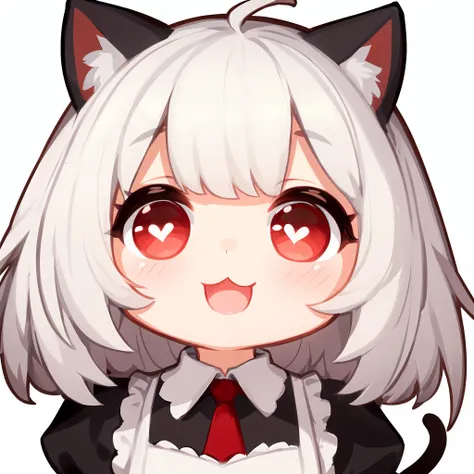 absurdres, 1girl, red eyes, white hair, short hair, wide-eyed, eyelashes, looking at viewer, twitchemote, <lora:EmoteMakerLora:0.9>, white background, upper body, chibi, (:D, :3:1.0), facing viewer, simple background, cat ears, maid, heart-shaped pupils, open mouth, blunt bangs, ahoge, short sleeves, blush