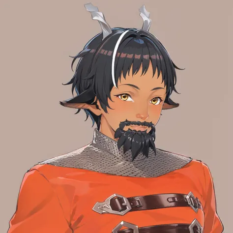 (((yellow goat eyes))), (((mature 1man anime character))), sehele style, <lora:sehele:0.4>, close up shot, (((front view))), (((looking at viewer))), sajevtu, ((tanned skin)), (((kind smile))), a man with a two small twisted silver goat horns and a black beard, a male anime character in an orange coat, black hair, yellow goat eyes, goat ears, XIV Century Russian Soldier, social media profile picture, <lora:sajevtu2:0.7>, 8k, 16k, trending on pixiv, fanbox, skeb, masterpiece, detailed face, digital painting, simple background