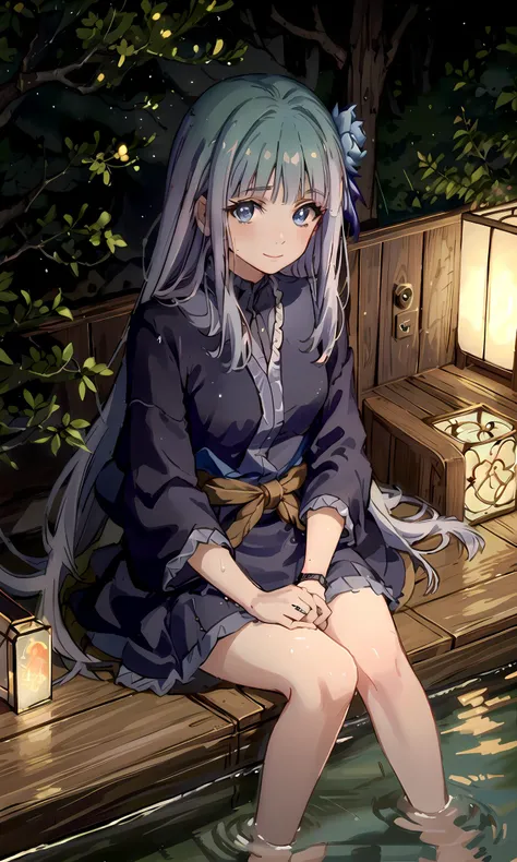 masterpiece, highres, best quality, 1girl solo, sitting, from above, looking at viewer, light smile, wading, wet hair, night, poolside, japanese onsen, IsekaiOjisan-Mabel, <lora:mabelIsekaiOjisan_v10:0.7>