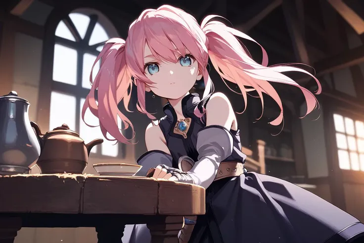 anime girl with pink hair, with medieval armor, in the background a tavern, the girl with her eyes closed while sitting at a table