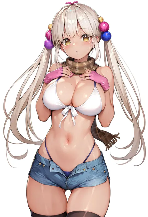(1girl), red eyes, mature, mole onder eye,white hair, pigtails, long hair,, x ornament, big lips, pretty lips, ((gyaru)), gyaru hairstyle,good hips and long legs, hourglass shape, pretty face with arms and legs, 2 4 year old female model, sporty, photo of slim girl model, an anime printed super tight off shoulder long sleeve crop top, a super aesthetic transparent mini jacket, beautiful hair ornament, pink jordan tennis, being photographed in a mall shop, pulling down shorts showing thong panties anime, devil ears, devil smile, devilish eyes