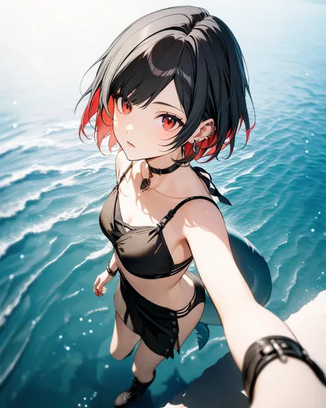 Top quality, masterpiece, woman, short bob black hair, red eyes, black hole trompe l'oeil design swimsuit, night sea