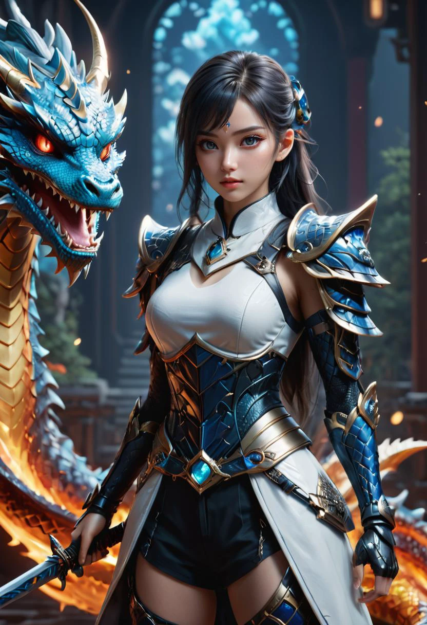 (masterpiece), (best quality), photo of a 25 year old hot beautiful woman with perfect face and perfect hourglass figure wearing a tight white shirt holding a sword in front of a dragon, ross tran and bayard wu, keqing from genshin impact, heise jinyao, by Yang J, inspired by KanÅ HÅgai, epic artwork, zhongli from genshin impact, <lora:Unfazed_dragon_-_XL SDXL:0.55> Unfazed dragon, <lora:Fae_Armor_XL:0.55> F41Arm0rXL <lora:Neon_Cyberpunk_Cyberarm_SDXL:0.55> mad-1cbrrm, masterful composition, dynamic volumetric lighting, realistic ray_tracing, reflection, hyperrealistic, shallow depth of field, f/2.4, bokeh,, detailed skin texture, (blush:0.2), (goosebumps:0.3), subsurface scattering