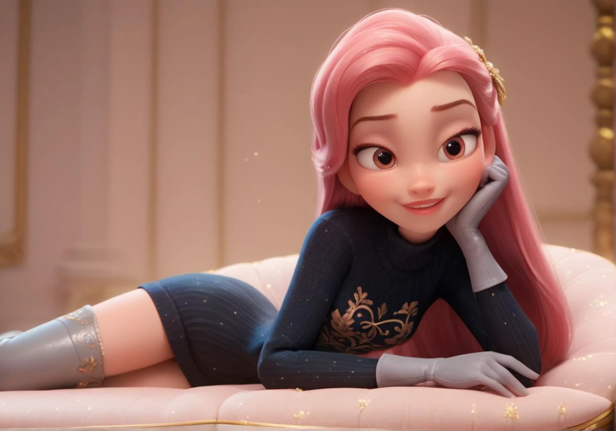 <lora:add-detail-xl:.7> <lora:princess_xl_v2:.7> <lora:Expressive_H:.75> <lora:disney3d-ponyxl:.7> <lora:Team_Rocket_Grunt_Pony:.65>
score_9, score_8_up, score_8, sexy 20 year old, 1 girl, trgrunthgssxl, pink hair, black turtleneck sweater, grey gloves, grey thigh high boots, happy face, beautiful face, adult, lounge, solo girl, disney 3d style