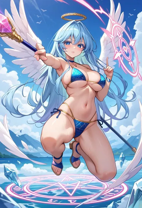 A woman with green hair and green eyes and glasses standing in front of a body of water, realism artstyle, realistic art style, anime with hammer hair, Translucent white output, of dental floss, Bonded white bra, high quality detailed artwork, anime styling. 8K, realistic anime artstyle, stunning art style, realistic anime art style, 🤤 portrait of , seductive anime, cartoon art style, bluish skin, Design a character with an ethereal and powerful presence, in a dynamic pose. The character has majestic, large wings that glow with a radiant blue light, casting an unearthly glow around. The wings are detailed with intricate feathers that appear to shimmer and change in the light. The character's hair is short and appears to be gently blowing in an invisible breeze, adding to the dynamic feel of the image. Your eyes are obscured, but emit a soft glow, suggesting hidden power or knowledge. They wear a dark costume with elements that suggest elegance and battle readiness., like pieces of armor combined with fluid fabrics. The background is dark, contrasting sharply with the luminous wings, which should be the focal point of the image.”