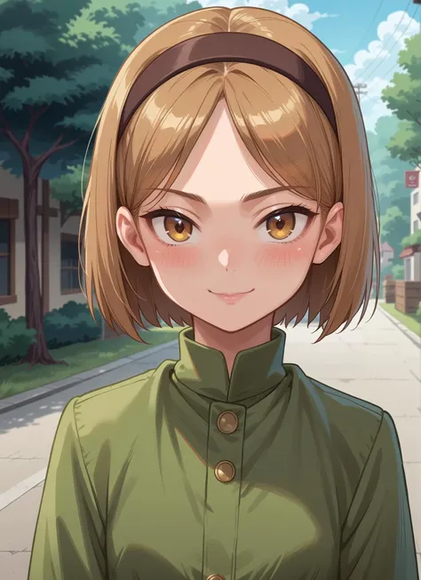 score_9, score_8_up, score_7_up, score_9, score_8_up, score_7_up, source_anime, rating_safe, intricate details, anime screencap, official style, 1girl, solo, <lora:Henrietta:1>, henrietta, light brown hair, brown eyes, bob cut, brown hairband, white shirt, flat chest, green dress, long sleeves, looking at viewer, outdoor, expressionless, smile, upper body, BREAK ,score_9, score_8_up, score_7_up, detailed face, detailed body, best background, detailed background, uncensored,, ,<segment:yolo-face_yolov8m.pt,0.4,0.5//cid=1> ,, BREAK ,anime screencap, anime coloring,, , sexually suggestive, naughty face, horny, naughty face, nose blush,, , (partially visible vulva:0.7),, , (5 finger:0.8),, , shiny, shiny skin, shiny hair, soft body,, , <lora:HandFineTuning_XL:1>,