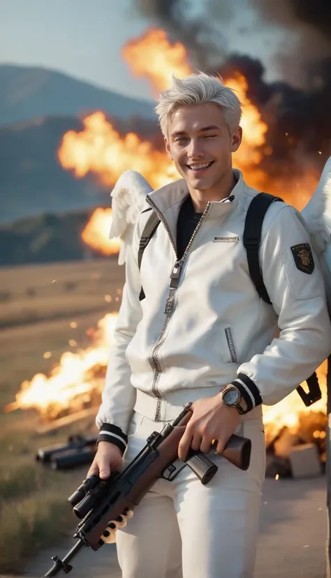 Stable_Yogis_PDXL_Positives
score_9, score_8_up, score_7_up, score_6_up, solo, looking at viewer, smile, open mouth, short hair, 1boy, jacket, yellow eyes, white hair, male focus, weapon, outdoors, wings, one eye closed, pants, gun, white jacket, dark-skinned male, fire, feathered wings, rifle, zipper, angel wings, white pants, white wings, explosion, m4 carbine