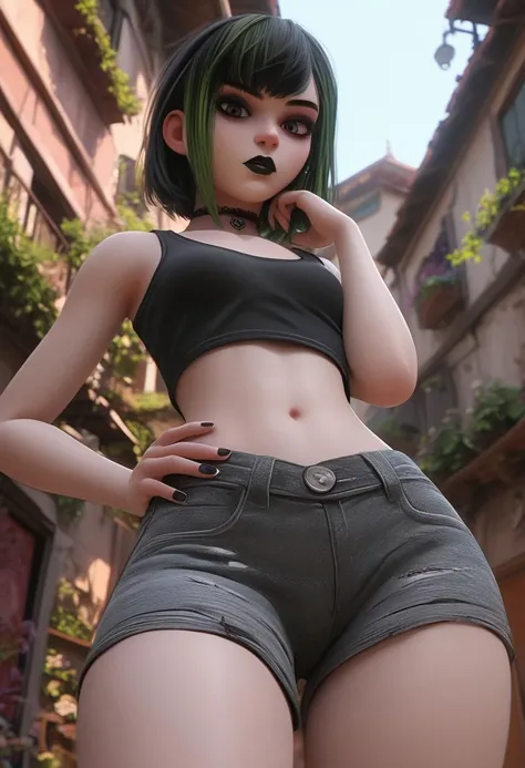 masterpiece, best quality, 1girl, futanari, Ray tracing, hdr, volumetric lighting, 
Sitting on a bench with one arm resting on the backrest, 
Green and White hair, Sleek High Ponytail, playful Golden Copper eyes, golden hoop earrings, choker,
athletic, tiny breasts, narrow shoulders, narrow waist, childbearing hips, covered nipples, bulge, Classic Rock: Band tee, distressed jeans, leather jacket, and boots, <lora:KTF_01:1>
