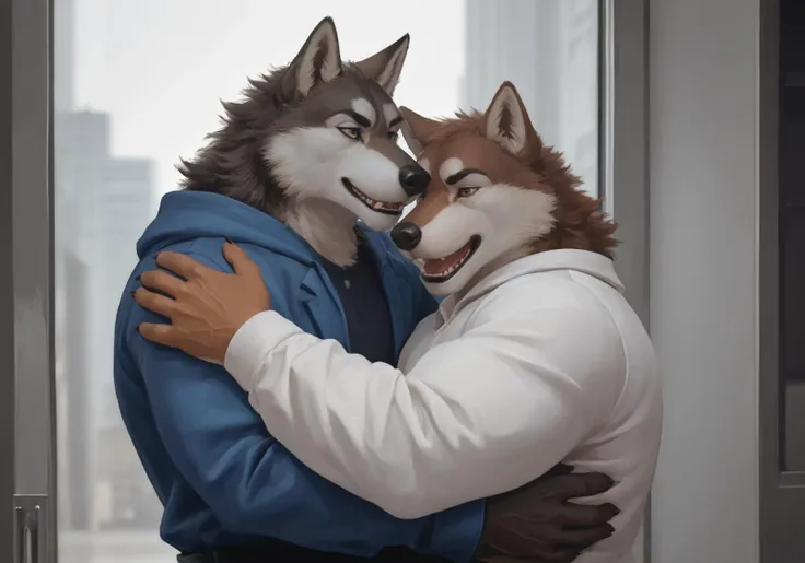 cinematic photo duo,detailed background,realistic,photorealism,by taran fiddler,by honovy,zPDXL3,full shot,<lora:Faux Oil Painting Soft Style LoRA_Pony XL v6:0.7>,intimate,
anthro,male,canid,wolf,muscular,hug,clothed,smile,looking pleasured,claws,looking at another, . 35mm photograph, film, bokeh, professional, 4k, highly detailed