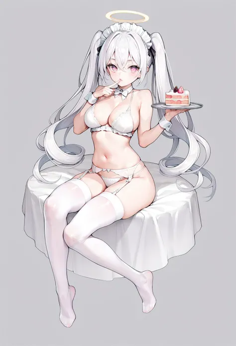 Wear very little，White fluffy hair，Pink lips，Feminine eyes，Fair skin，D-cups，Sexual organs are faintly visible，Spread your legs，White legs can be seen，Mushroom-shaped plastic toy in his mouth，，Wearing cat ears，Overlooking，Look at you affectionately，Sun-drenched queen bedroom