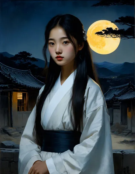 Minimalist painting of an Korean princess wearing an black and white hanbok by Albert Lynch, Abbott Handerson Thayer, highly detail, best quality, standing in an old Korean village, full moon, night, innocent, serene, pale skin, brown eyes, long flowing black hair, ultra detailed, romantic, Rembrandt lighting