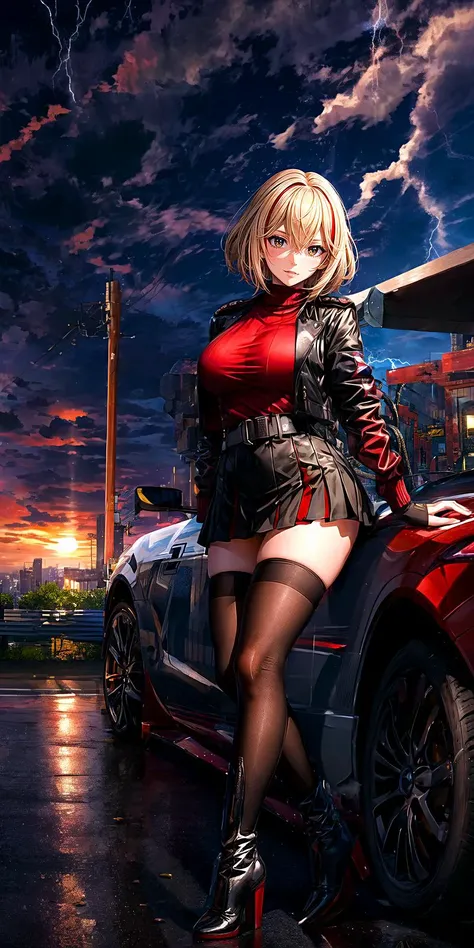 A female hacker sitting on the hood of a futuristic car in a cyberpunk metropolis at night, (heavy rain:1.0), facing the viewer, holding a cyberdeck with a transparent screen, short silverwhite trimmed undercut haircut, immaculate skin, (wet skin:1.2), (wet hair:1.2), thoughtful look on the face, (raindrops on the whole body:1.3), (small breasts:1.2), legs spread, strong thighs, transparent synthetic top, fullbody orange and black translucent skintight synthetic cyberpunk underarmor with intricate hexagon mesh, cutout over the whole back, utility belt with multimeter and some probes attached, red synthetic hot pants, thigh high translucent latex boots, cutoff gloves, (no makeup:1.5), natural fingernails, emma watson, edgFut_clothing, neons, electric circuits