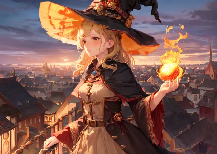 solo, 1girl, surprised, holding fireball, medium blonde hair, witch hat, brown eyes, witch costume, landscape, town, cowboy shot, ((sidelighting)), best quality, perfect anatomy, highres, absurdres, great composition, elaborate features, extremely detailed CG unity 8k wallpaper, sharp focus, highly intricate