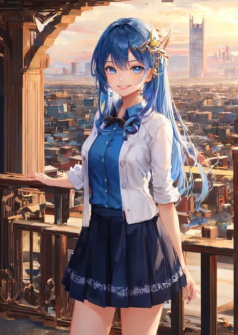 solo, 1girl, smile, standing, long blue hair, star hair ornament, blue eyes, blue shirt, skirt, cityscape, cowboy shot, ((sidelighting)), best quality, perfect anatomy, highres, absurdres, great composition, elaborate features, extremely detailed CG unity 8k wallpaper, sharp focus, highly intricate