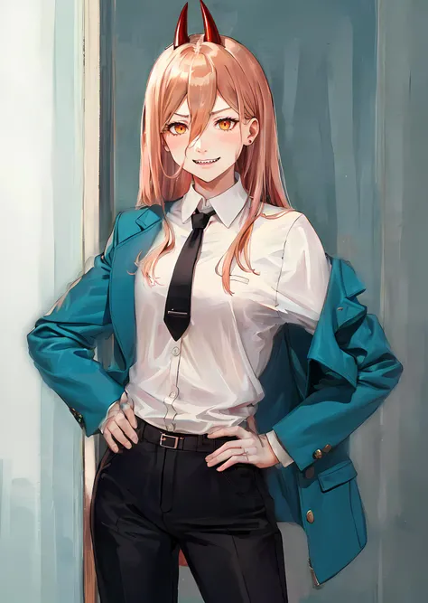 solo, 1girl, corneo_power, (sharp teeth:0.8), smile, hand on hip, formal, suit jacket, white collared shirt, black necktie, black pants, office background, cowboy shot, ((masterpiece, sidelighting)), best quality, perfect anatomy, highres, absurdres, great composition, elaborate features, extremely detailed CG unity 8k wallpaper, sharp focus, highly intricate