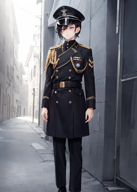 solo, 1boy, serious, standing, arms behind back, short black hair, hair over one eye, peaked cap, purple eyes, military uniform, pointy footwear, belt, (military camp), full body, best quality, perfect anatomy, highres, absurdres, extremely detailed CG unity 8k wallpaper