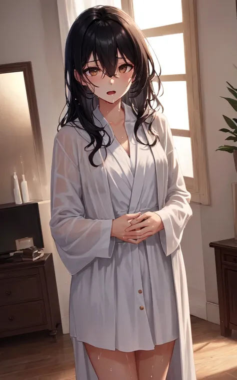 solo, 1girl, wet skin, expressionless, open mouth, standing, long black hair, hair between eyes, brown eyes, open robe, living room, cowboy shot, best quality, perfect anatomy, highres, absurdres, extremely detailed CG unity 8k wallpaper