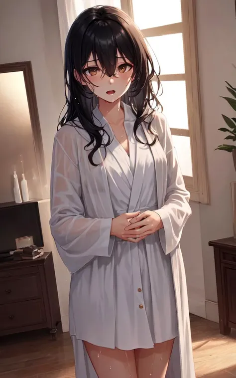 solo, 1girl, wet skin, expressionless, open mouth, standing, long black hair, hair between eyes, brown eyes, open robe, living room, cowboy shot, best quality, perfect anatomy, highres, absurdres, extremely detailed CG unity 8k wallpaper