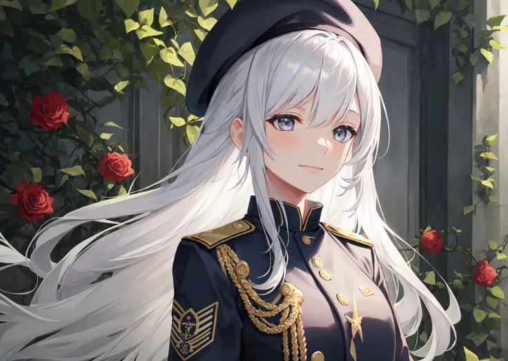 solo, 1girl, slight smile, long white hair, beret, grey eyes, military uniform, flowers and thorns, best quality, perfect anatomy, highres, absurdres, extremely detailed CG unity 8k wallpaper