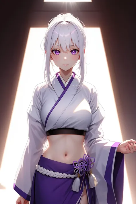 1girl, white hair, purple eyes, japanese clothes, light rays, backlighting, midriff,