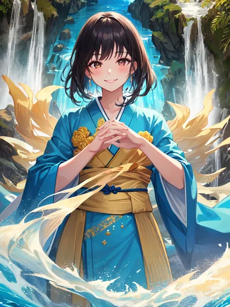 solo, 1girl, smile, own hands together, medium black hair, brown eyes, blue kimono, waterfall, cowboy shot, best quality, perfect anatomy, highres, absurdres, extremely detailed CG unity 8k wallpaper