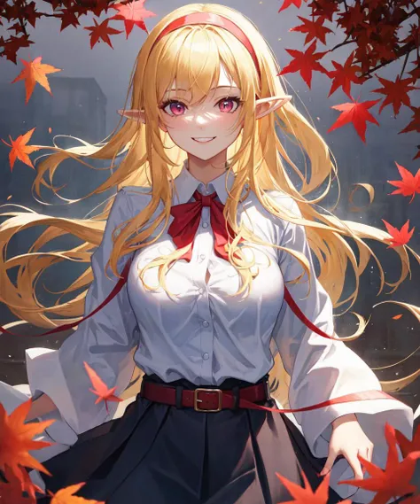elf, 1girl, blonde hair, pink eyes, school uniform, upper body, (absurdres), (masterpiece), best quality, long hair, large breasts, smile, red ribbon, red hairband, autumn,, elf, 1girl, blonde hair, pink eyes, school uniform, upper body, (absurdres), (masterpiece), best quality, long hair, large breasts, smile, red ribbon, red hairband, autumn,