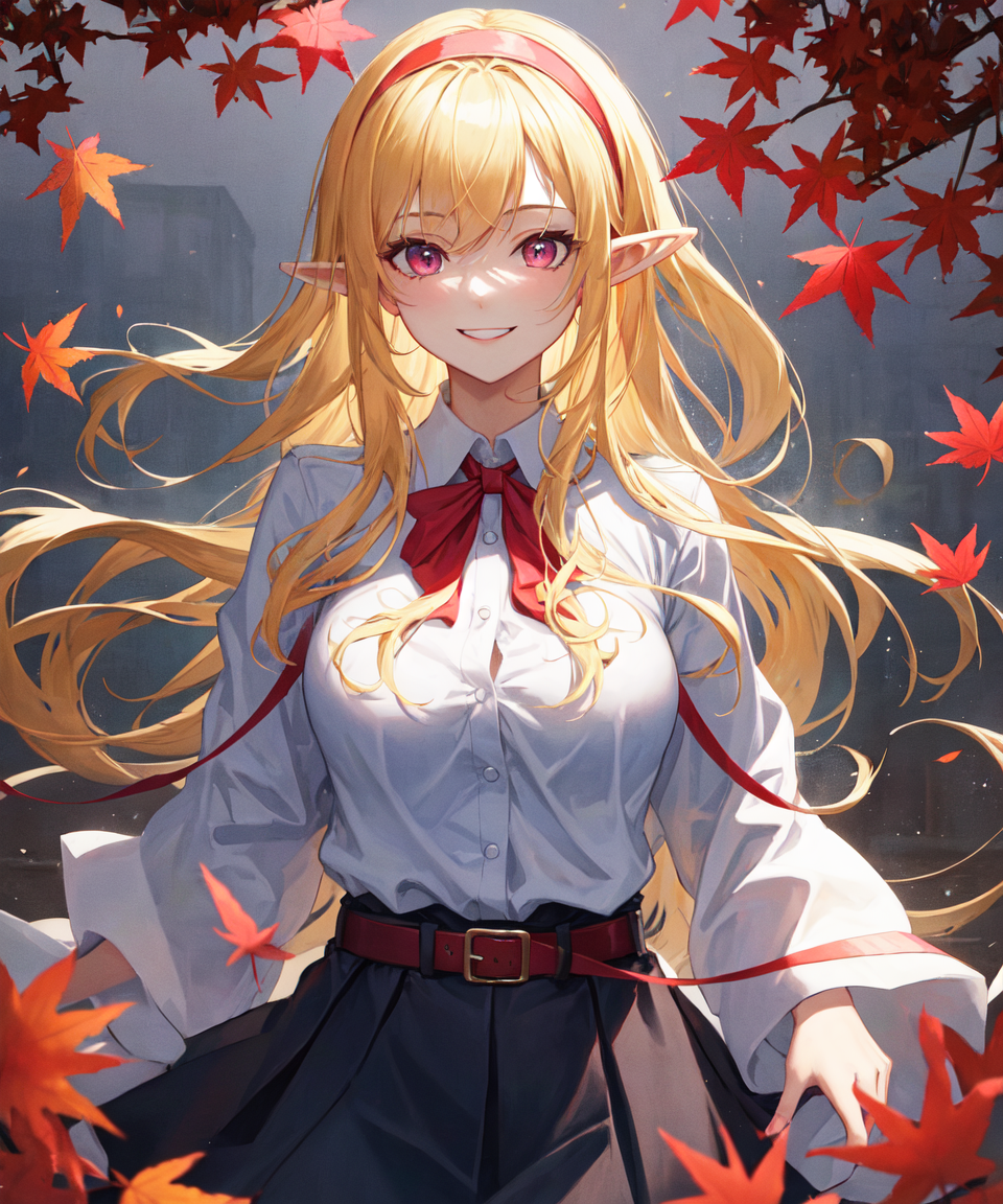 Anime girl with long blonde hair and red bow in front of leaves - SeaArt AI