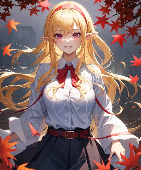 elf, 1girl, blonde hair, pink eyes, school uniform, upper body, (absurdres), (masterpiece), best quality, long hair, large breasts, smile, red ribbon, red hairband, autumn,, elf, 1girl, blonde hair, pink eyes, school uniform, upper body, (absurdres), (masterpiece), best quality, long hair, large breasts, smile, red ribbon, red hairband, autumn,