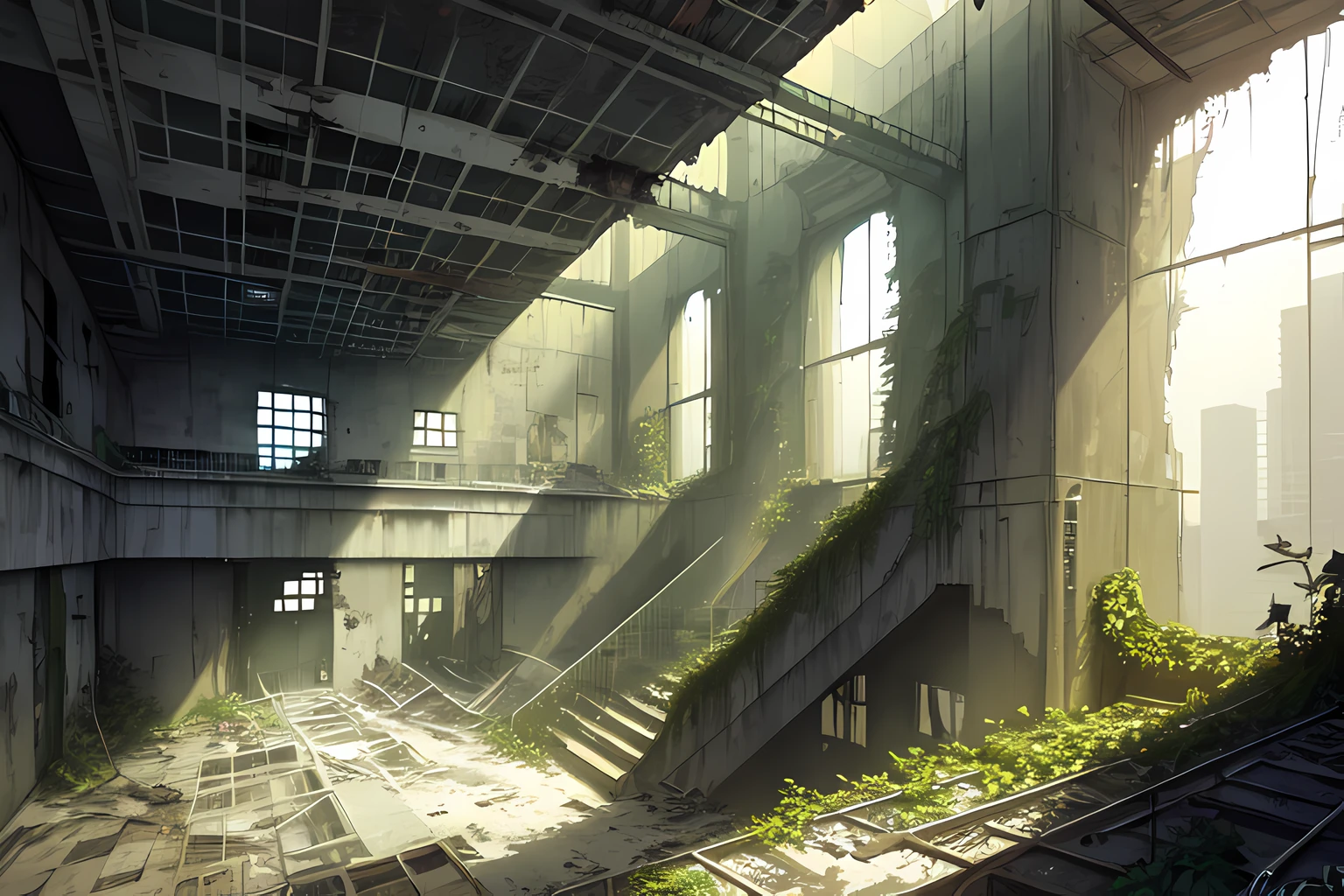 abandoned broken window concrete day dilapidated escalator flood hole indoors no humans overgrown plant postapocalypse railing ruins scenery sign signature stairs stone stairs sunlight water