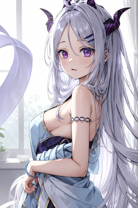 blue archive, hina (blue archive), 1girl, bangs, closed mouth, grey hair, hair ornament, hairclip, halo, horns, long hair, parted bangs, purple eyes, small breasts, solo, very long hair, <lora:sorasakiHinaLora_hina1:0.4>,
bracelet, from_side, jewelry, looking_at_viewer, open_mouth, solo,