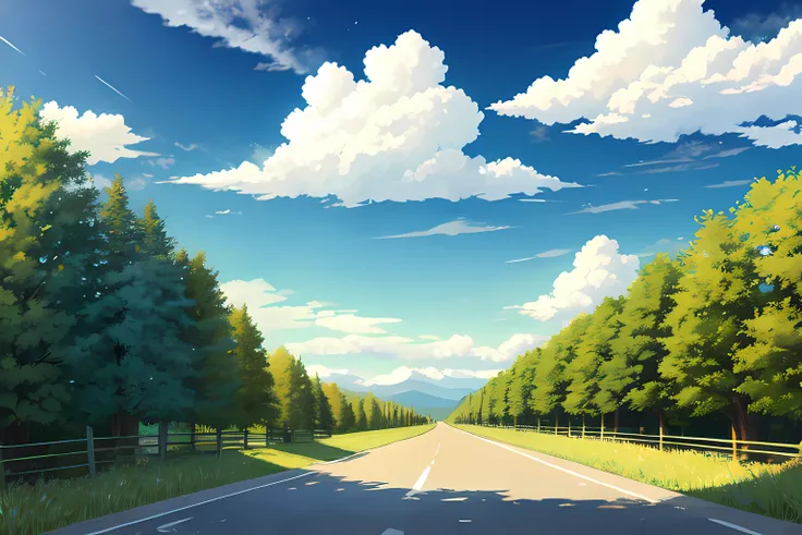 blue sky  bush  cloud  cumulonimbus cloud  day  grass  mountain  no humans  road  road sign  rural  scenery  sign  sky summer  sun  tree