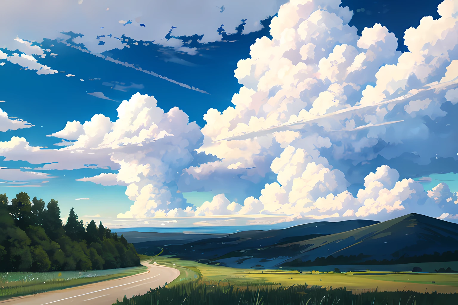 blue sky bush cloud cumulonimbus cloud day grass mountain no humans road road sign rural scenery sign sky summer sun tree