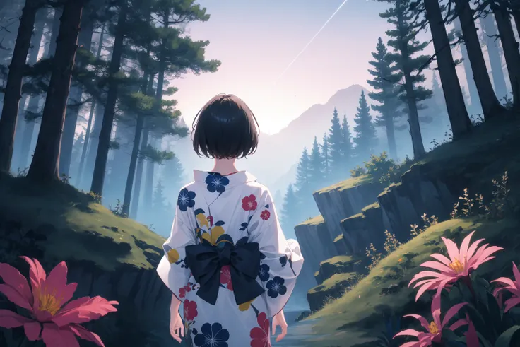 masterpiece, best quality, back view, girl, short hair, black hair, yukata, flower print, (shooting star:0.9), (night:1.3), solo, alone, forest clearing, cliff, abyss, standing on the edge
